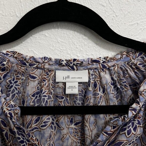 J. Jill Love Linen Sz S V Neck Purple Lotus Vines 100% Linen Peasant Top Blouse - Picture 8 of 13